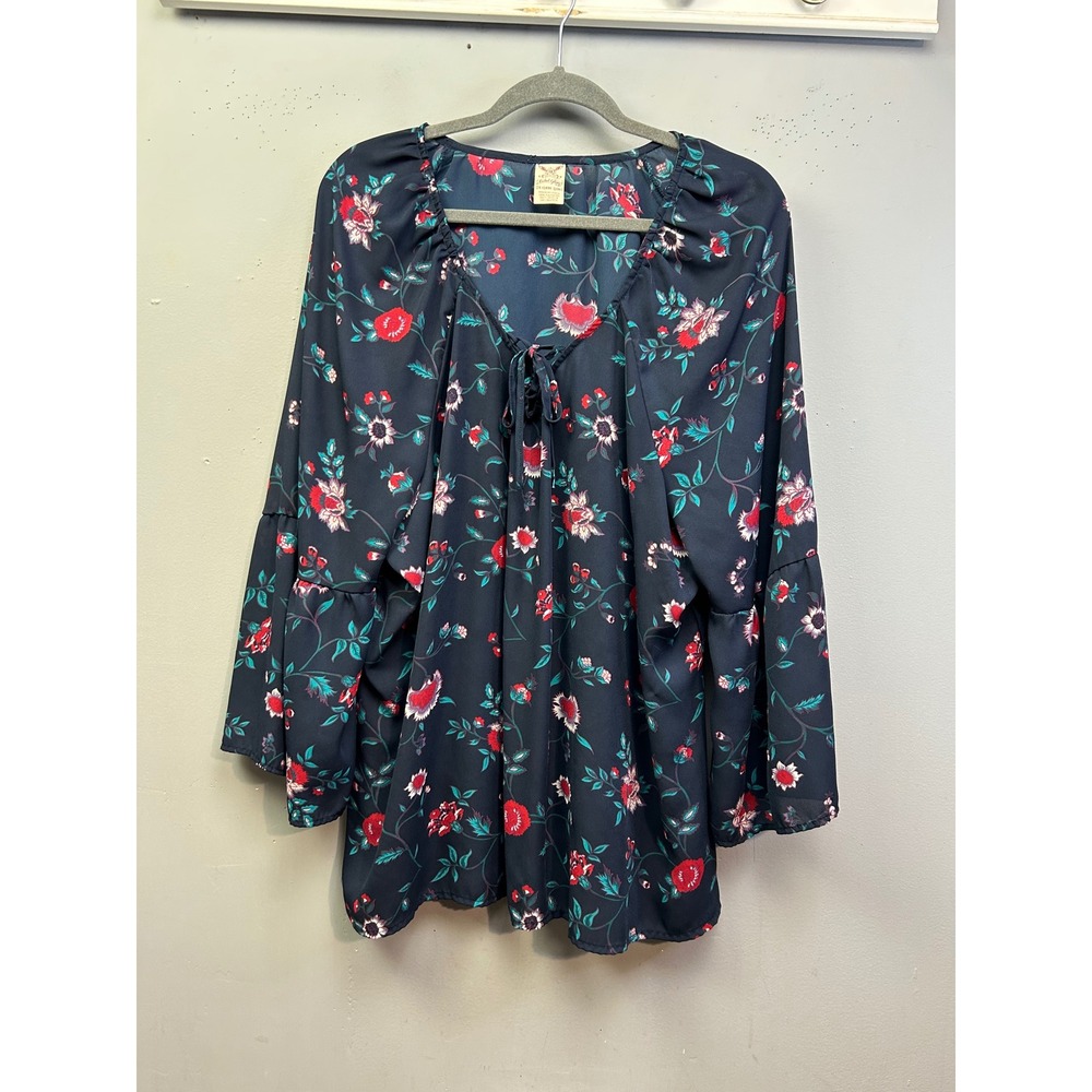 Fadedβ Glory Blouse Women 2X Navy Floral Sheer Bell Sleeve Tie Neck Top